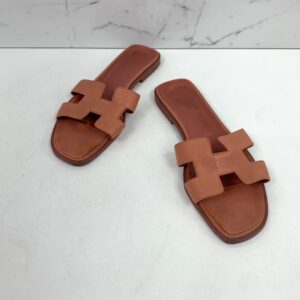 HERMES PINK LEATHER SHOES SANDALS ORAN PEACH #37.5